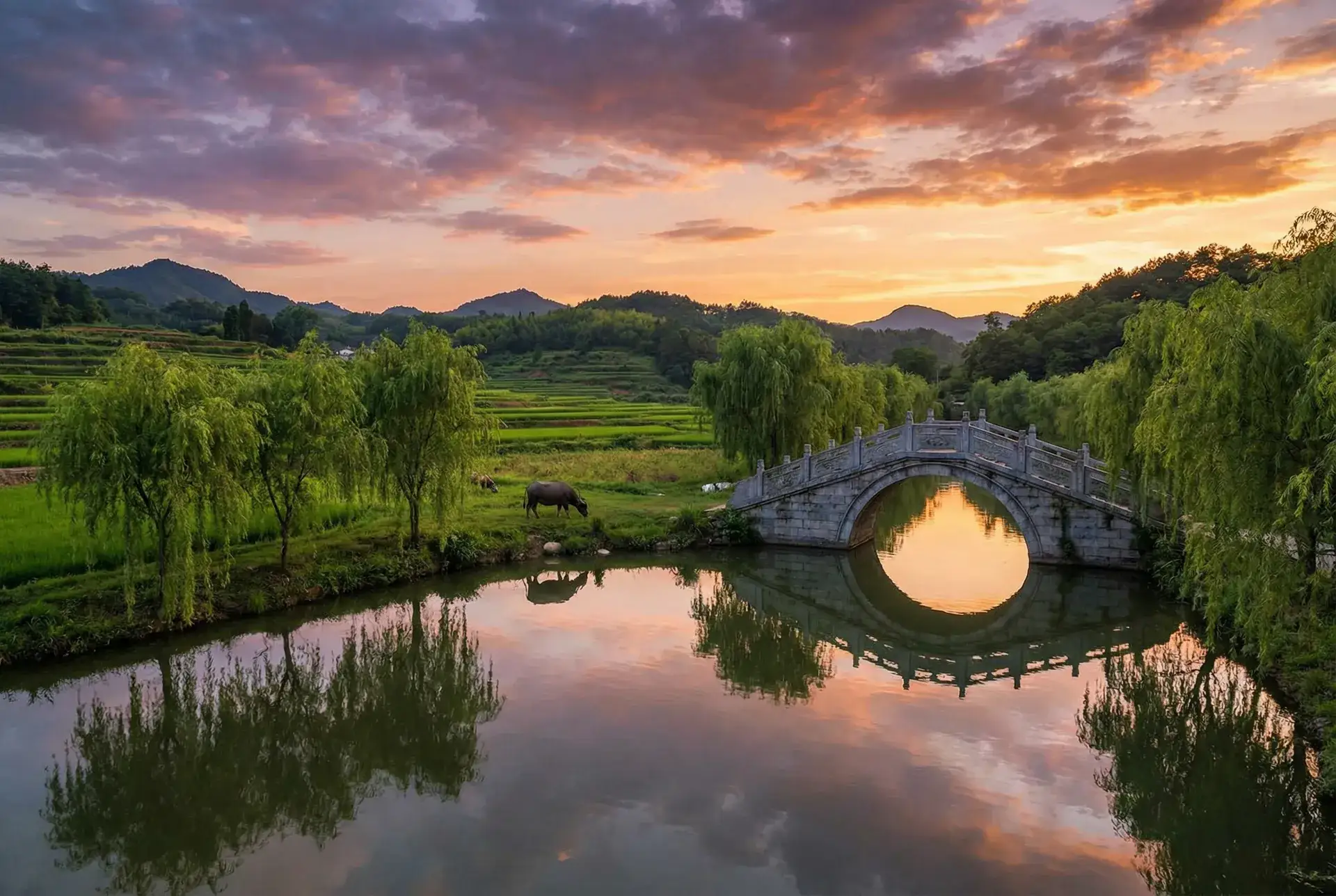 夕阳下的石拱桥与垂柳，水牛在河边吃草 - 新车试驾预约 乡村美景
